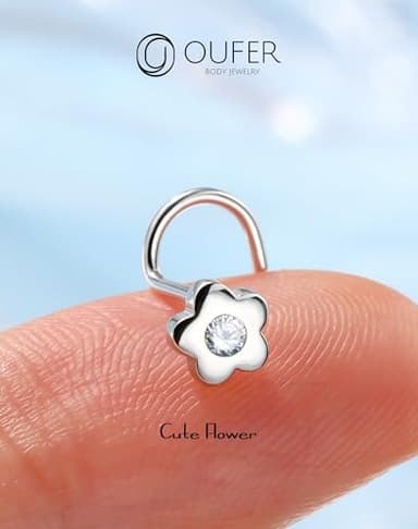 OUFER 20G Nose Rings, 925 Sterling Siver Nose Studs, Flower Nostril Nose Piercing Jewelry, Cute Nose Rings Studs, Clear CZ Nose Rings For Women - Image 4