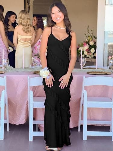 HOCILLE Women's Sexy V Neck Backless Bodycon Spaghetti Strap Elegant Ruffle Maxi Cocktail Party Dresses, Large, Black - Image 4