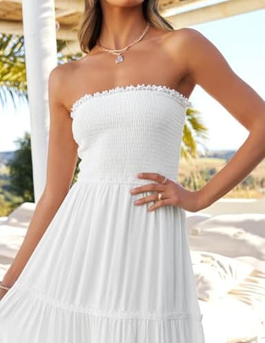 ZESICA Women's 2025 Summer Bohemian Strapless Off Shoulder Lace Trim Backless Flowy A Line Beach Long Maxi Dress,White,Small - Image 4