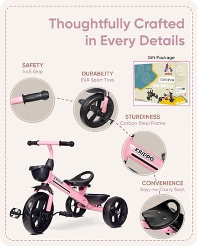 KRIDDO Kids Tricycles Age 24 Month to 4 Years, Toddler Kids Trike for 2.5 to 5 Year Old, Gift Toddler Tricycles for 2-4 Year Olds, Trikes for Toddlers, Sporty Styling, Pink - Image 6