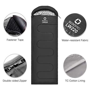 ECOOPRO Warm Weather Sleeping Bag - Portable, Waterproof, Compact Lightweight, Comfort with Compression Sack - Great for Outdoor Camping, Backpacking & Hiking-83 L x 30" W Fits Adults (B-Black) - Image 3