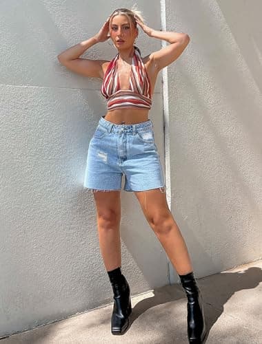 IWD Jean Shorts Womens High Waisted Ripped Casual Denim Shorts Stretchy Raw Hem Jorts 2025 Summer Trendy (Light Blue, Small) - Image 5