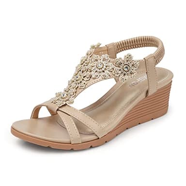 TEMOFON Womens Sandals Wedge Low: Summer Open Toe Wedges - Dressy Casual Beach Platform - Comfortable Elastic Ankle Strap Sandal Nude Size 7 - Image 1