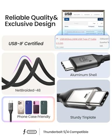 Silkland 80Gbps USB 4 Cable for Thunderbolt 5 Cable 4FT, [USB-IF Certified] 120Gbps Bandwidth for 16K/Dual 8K, 240W, Braided USB C Video Cable Compatible Thunderbolt 4/5, SSD, MacBook M4 Pro,Dock - Image 4
