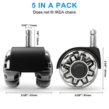 Office Chair Caster Wheels (Set of 5),Heavy-Duty Chair Wheels Support 2200lbs,Mute Rubber Chair Casters for Hardwood Floors and Carpet,2 Inch Universal Fit (Black) - Image 8