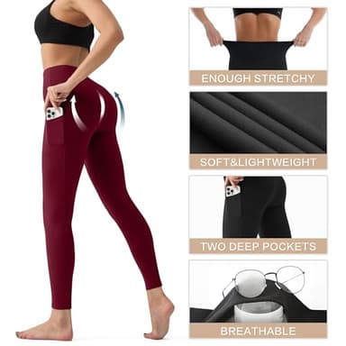 High Waisted Leggings for Women with Pockets - Tummy Control Yoga Pants for Workout Running Athletic No See Through Burgundy - Image 4