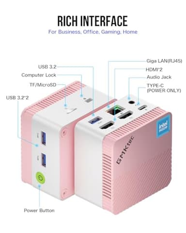 GMKtec Mini PC NucBox G5, Intel 12th Gen Alder Lake N97 (up to 3.6GHz), 12GB RAM 256GB M.2 SSD, Home, Business, Office Mini Computer, 4K UHD Dual HDIMI, RJ45-Pink - Image 3
