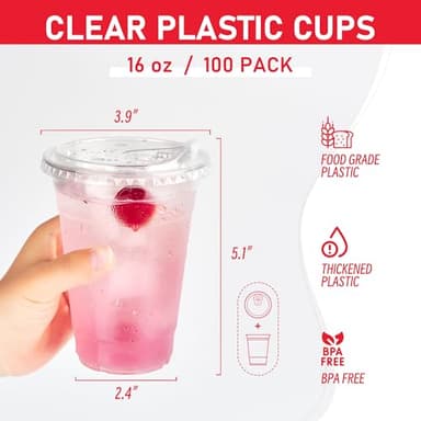 100 pack 16 oz Clear Plastic Cups with Lids, Disposable Iced Coffee Cups with Strawless Sip Lids, Drink Cup for Cold Drinks, Iced Coffee - Image 2