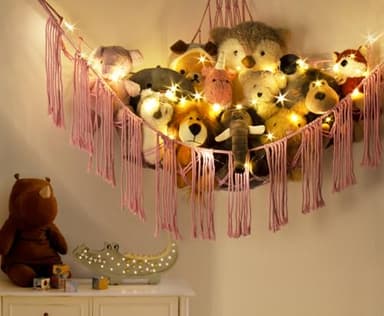 Stuffed Animal Hammock Corner Net with LED Light - Toy Storage Holder - Pink Cute Room Bedroom Decor for Teen Girls - Cute Bedroom Aesthetic Stuff for Baby Nursery Toddler Kids 8-10 - 12 Years Old - Image 6