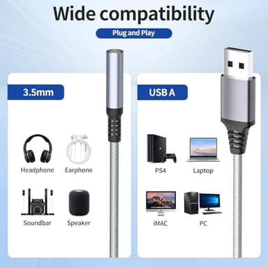 USB to 3.5mm Jack Audio Adapter, Audio Aux Cable External Stereo Sound Card, USB-A to 3.5mm TRRS Female Headset for PS4/PS5/Headphone/Mac/Linux/PC Windows/Laptop/Desktops/Docking Station/iOS (Gray) - Image 6