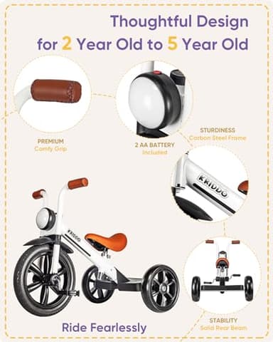 KRIDDO Kids Tricycle, 12 Inch Puncture Free Wheel w Front Light, Adjustable Seat Height, Gift for 2-5 Year Olds, White - Image 4