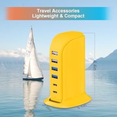 45W USB Charging Station, 6-Port Hub with 4 USB-A & 2 USB-C Ports, 5ft Cable, Yellow - Image 3
