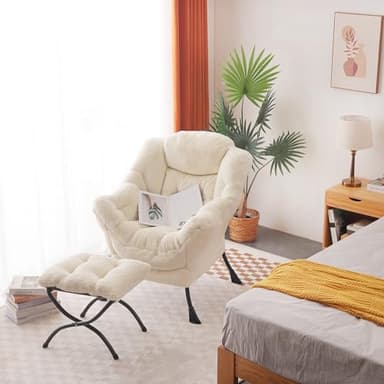 Welnow Lazy Chair with Ottoman, Modern Lounge Accent Chair with Armrests and a Side Pocket, Leisure Sofa Armchair, Reading Armchair with Footrest for Small Space, Plush Beige - Image 4