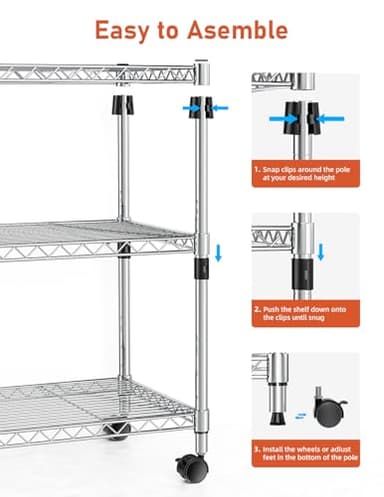 Simple Deluxe 3-Tier Storage Shelves, 750 Lbs Loading Capacity, 24.02" W x 13.78" D x 29.92" H Shelving Unit for Garage, Pantry and Kitchen, Chrome - Image 6