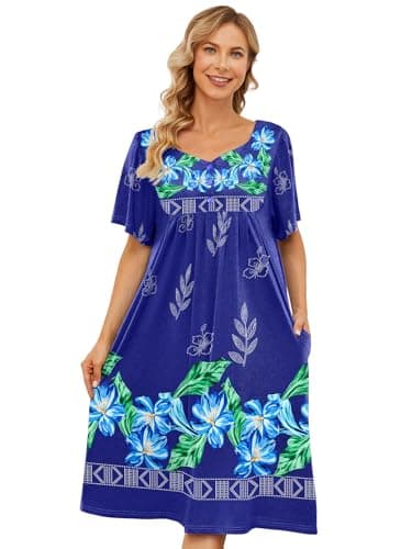 udforsk Moo Moos for Women House Dresses for Women with Pockets Mumu Duster Housecoat Short Sleeve Patio Dress Blue Flower M - Image 1