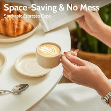 Sweese Porcelain Espresso Cups Set, 2.5 oz, Stackable with Saucers Metal Stand, Beige, 4 Pack - Image 3