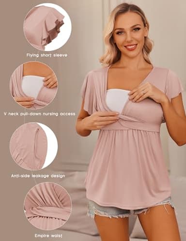 Ekouaer Maternity Shirts 3 Packs Flying Short Sleeve Nursing Tops Pregnancy Clothes Light Grey + Black + Pink XXL - Image 2