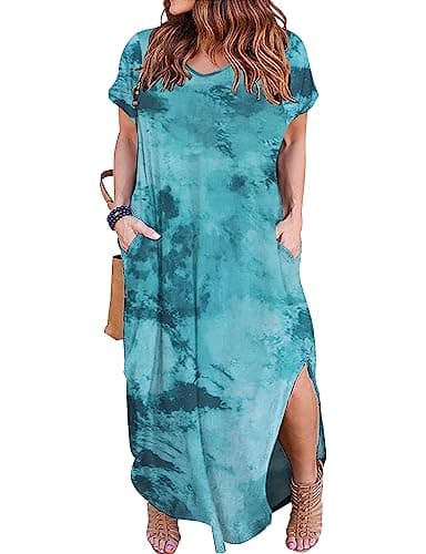 Kancystore Plus Size Sundresses for Women Trendy Casual Beach Maxi Dresses with Sleeves Tie Dye Green XL - Image 1