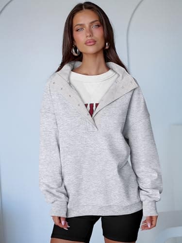 ANRABESS Womens Oversized Sweatshirt Long Sleeve Henley Pullover Tops 2025 Fall Casual Button Loose Fit Teens Fashion Outfits Light Grey Large - Image 3