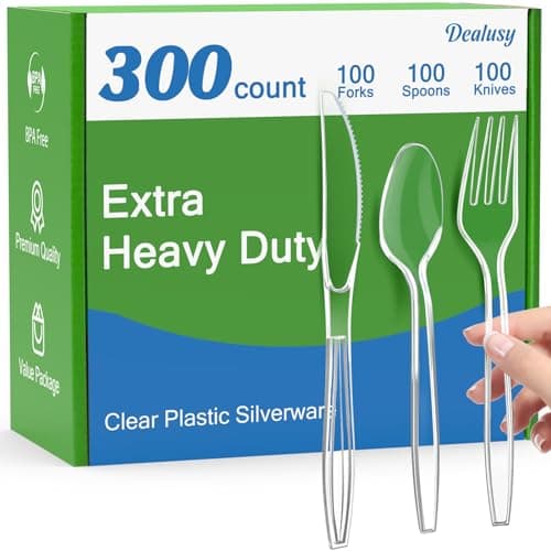 Dealusy 300 Count Extra Heavy Duty Clear Plastic Silverware, 100 Forks, 100 Spoons, 100 Knives, BPA-Free, Heat Resistant, Disposable Plastic Utensils Set, Plastic Cutlery Set, Plasticware Bulk - Image 1