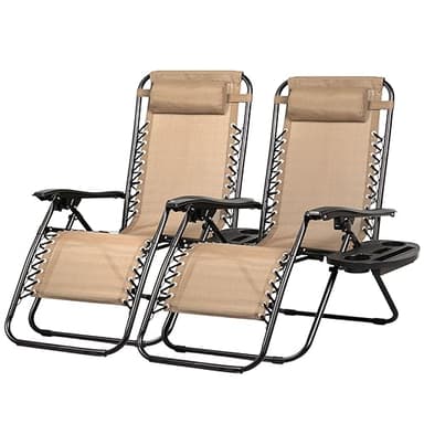 Nazhura Set of 2 Relaxing Recliners Patio Chairs Adjustable Steel Mesh Zero Gravity Lounge Chair Beach Chairs with Pillow and Cup Holder Khaki (Kahki) - Image 1