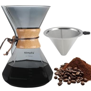 Mongdio 34oz/1000ml Pour Over Coffee Maker with Reusable Stainless Steel Filter and Wooden Collar Holder, 6-8 Cups Borosilicate Glass Coffee Maker for Camping Home, Gray - Image 1