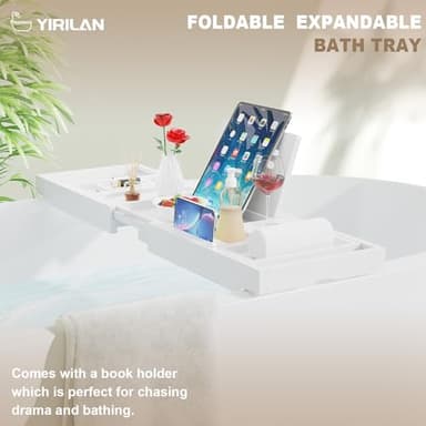 Yirilan Foldable Bamboo Bathtub Tray, Modern Rectangular Bathroom Tray, White, Suitable for Toiletries, Drinks - Image 6