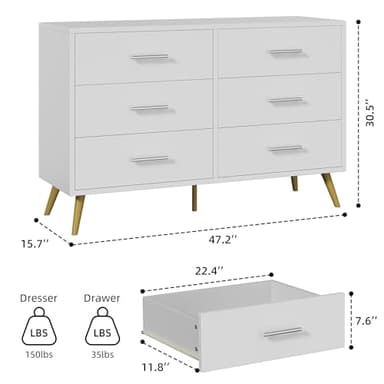 Shintenchi 6 Drawer Dresser, Wide Chest of Drawers Organizer Storage with Drawers, Large Storage Cabinet, Modern Design Dresser for Bedroom, Living Room, Porch, White - Image 3
