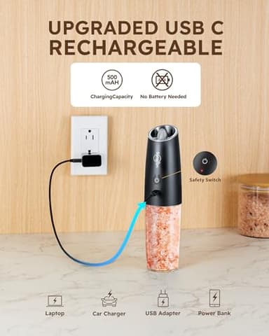 Sangcon Gravity Electric Salt and Pepper Grinder Set Shakers - UPGRADED RECHARGEABLE 9OZ XL Capacity USB-C No Battery Needed - LED Light One Hand Operation, Adjustable Coarseness Automatic Mill Set - Image 3