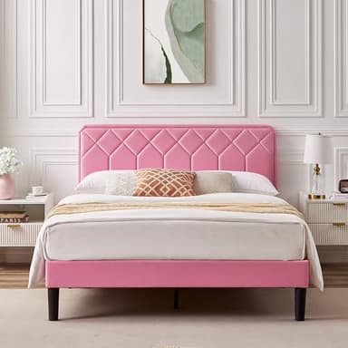 VECELO Full Size Bed Frame Premium Velvet Upholstered Platform with Height Adjustable Headboard/Mattress Foundation, Solid Wooden Slat Support, No Box Spring Needed/Easy Assembly - Image 3