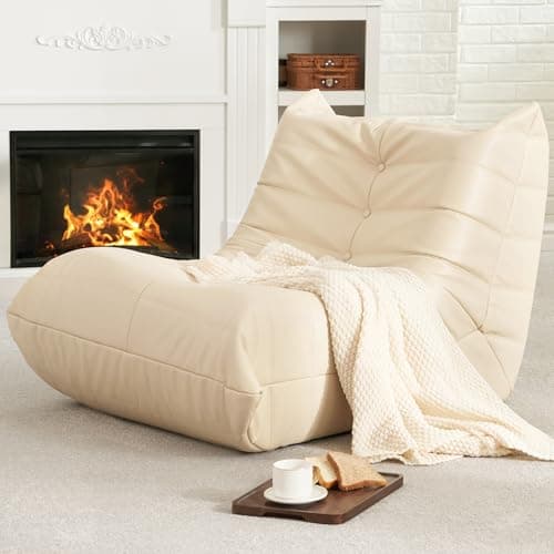 Hobestluk Giant Bean Bag Chair Lazy Floor Sofa, Memory Foam Fireside Sofa for Adults, Big Beanbag Faux Leather Armless Chair for Living Room Bedroom Dorm Office (Beige, Single) - Image 1