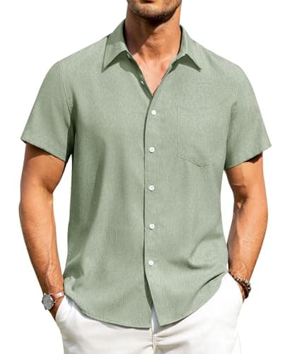 Alimens & Gentle Mens Linen Shirts Short Sleeve Button Down Shirts Wrinkle Free Casual Vacation Beach Summer Tops,Mint Green,L - Image 1