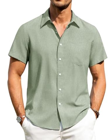 Alimens & Gentle Mens Linen Shirts Short Sleeve Button Down Shirts Wrinkle Free Casual Vacation Beach Summer Tops,Mint Green,L - Image 1