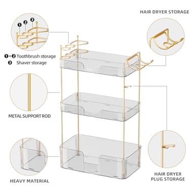 shuang qing Bathroom Counter Organizer with Hair Dryer Holder, Hair Tool Countertop Storage, Cosmetics Skincare Shelf Organizer, Makeup Organizer Perfume for Dresser Vanity Tray(3 Tier-White) - Image 5