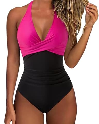 SUUKSESS Women Sexy Tummy Control One Piece Swimsuits Halter Push Up Monokini Bathing Suits (Hot Pink Black, M) - Image 1