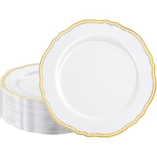 Hioasis 60pcs Gold Plastic Plates - White and Gold Disposable Dinnerware with Gold Rim, Heavy-duty, 10.25 inch, Dinner Plates for Party & Wedding - Image 1