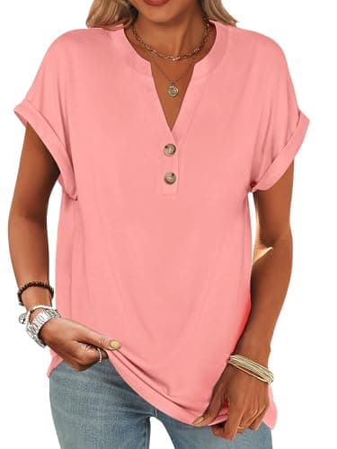 ANRABESS Womens Short Sleeve Henley Tops V Neck Dressy Casual Blouses Summer Trendy Tee Shirts 2025 Vacation Fashion Clothes Coral L - Image 1