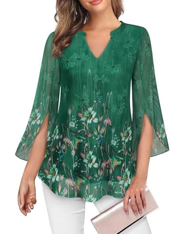 VALOLIA Dressy Tops for Women - Fancy Blouses with Half Sleeve & Long Sleeve Options - Elegant Flower Patterns - Church Tunic Tops - Loose Fit, V Neck - Spring Clothes in Green, Large - Image 3