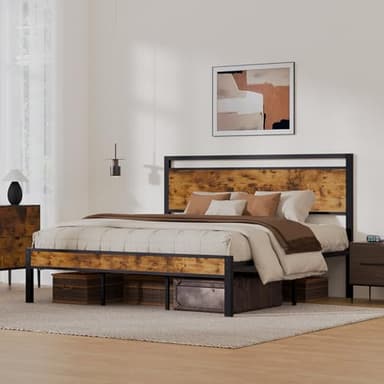 Z-hom Upgraded King Size Bed Frame, Heavy Duty Metal Sturdy King Bed Frame with Modern Wood Headboard & Footboard, Stable Platform Bed Furniture Bed Storage, No Noise, No Box Springs, Vintage Brown - Image 3