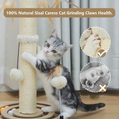 PEEKAB Cat Scratching Post Sisal Scratch Posts for Indoor Cats and Kittens with Tracking Ball Interactive Toys and Hanging Balls 25 Inches Beige - Image 7