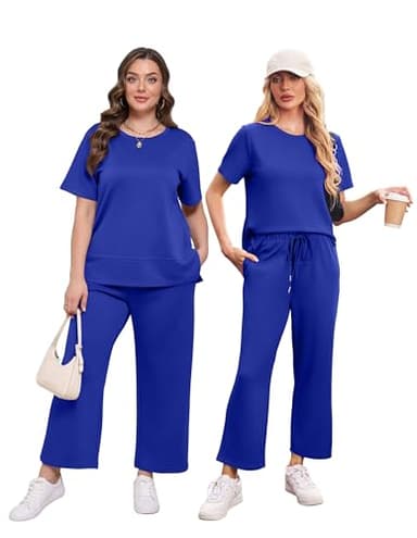 XIEERDUO Summer Sweatsuit for Women Two Piece Summer Outfits 2 Pc Lounge Set Spring Short Sleeve Tracksuit Wide Leg Loungewear Vacation Clothes Women's Track Suit Blue XL - Image 3