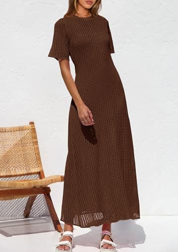 PRETTYGARDEN Womens Eyelet Cover Up Dress 2025 Summer Vacation Resort Maxi Dresses Beach Short Sleeve Hollow Out Sundress (Brown,Medium) - Image 3