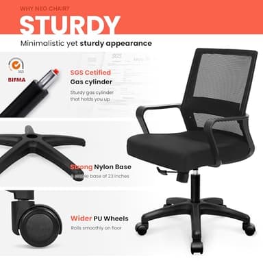NEO CHAIR Office Chair Gaming Desk Computer Chair Ergonomic Mesh Mid Back with Wheels Lumbar Support Comfy Swivel Adjustable for Home (Black) - Image 6