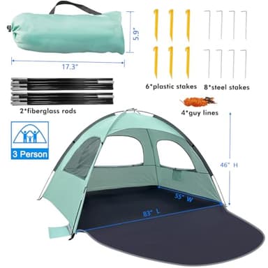 WhiteFang Beach Tent Anti-UV Portable Sun Shade Shelter for 3 Person, Extendable Floor with 3 Ventilating Mesh Windows Plus Carrying Bag, Stakes and Guy Lines (Mint Green) - Image 7