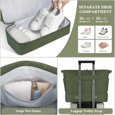 ETRONIK Gym Bag for Women, Travel Duffel Bag with USB Charging Port, Weekender Overnight Bag with Wet Pocket and Shoes Compartment for Women, Travel, Gym, Yoga (Army Green) - Image 5