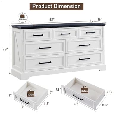 ACCOHOHO 7 Drawer Dresser, Farmhouse Chest of Drawers for Bedroom, 52" Wide Dresser TV Stand with Large Metal Handles, Wood Drawer Organizer for Living Room, Hallway - Off White - Image 2