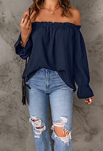 Spriolim Women's Off Shoulder Elegant Tops Casual Long Sleeve Chiffon Loose Shirt Blouses Navy Blue, X-Large - Image 3
