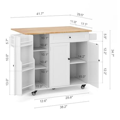 Ahomly Kitchen Island with Storage, Island Table for Kitchen with Drop Leaf, 5 Wheels, Interal Storage Rack, a Drawer, Spicy Rack and Towel Bar, Sufficient Countertop Space and Storage, White - Image 2