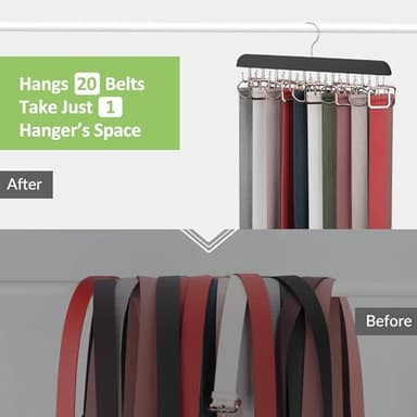 OMHOMETY 2 Pack Belt Hanger for Closet, Sturdy Wood Belt Organizer with 40 Hooks, Hanging Belt Rack Belt Storage Holder, Black - Image 3