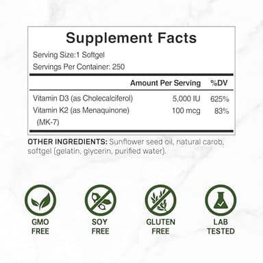 DEAL SUPPLEMENT Vitamin D3 5,000 IU + K2 MK7 Softgels, 250 Count | 2-in-1 Complex | Supports Heart, Bone, Teeth & Immune Health | Easy to Swallow - Image 5